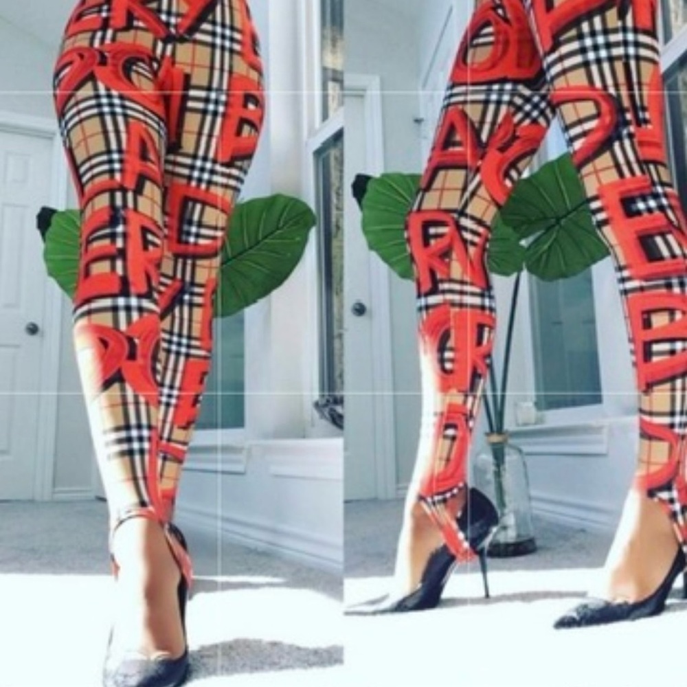 Burberry "RARE" Graffiti Check Print Leggings, Size Small